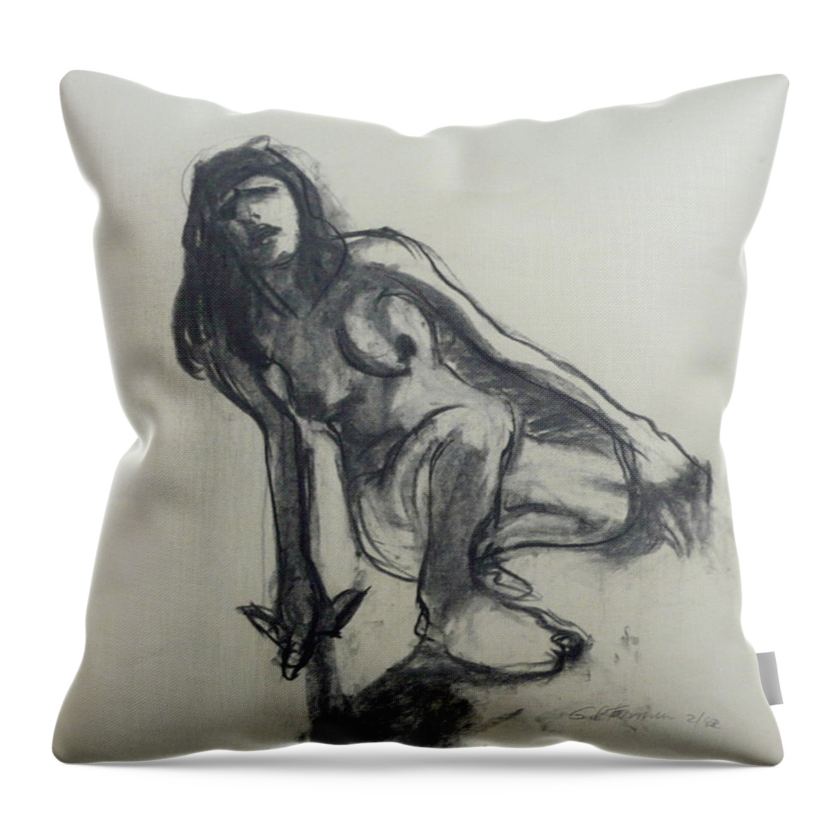Nude Throw Pillow featuring the drawing Reclining Nude by Galya Tarmu