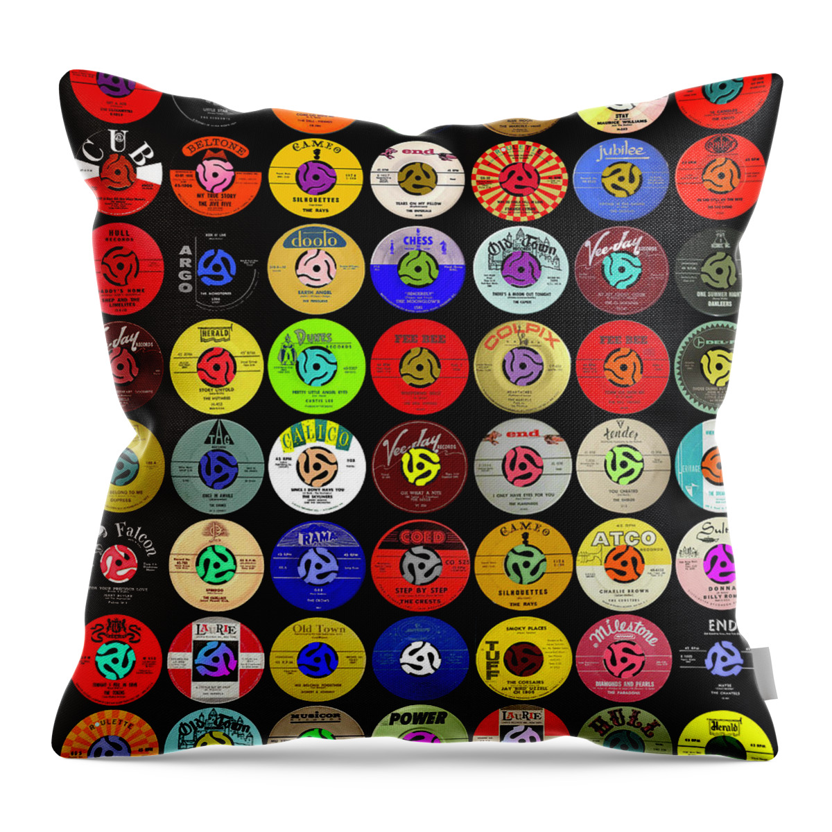 Album Covers Throw Pillow featuring the mixed media Record Lables of the Doo Wop Generation by Pheasant Run Gallery