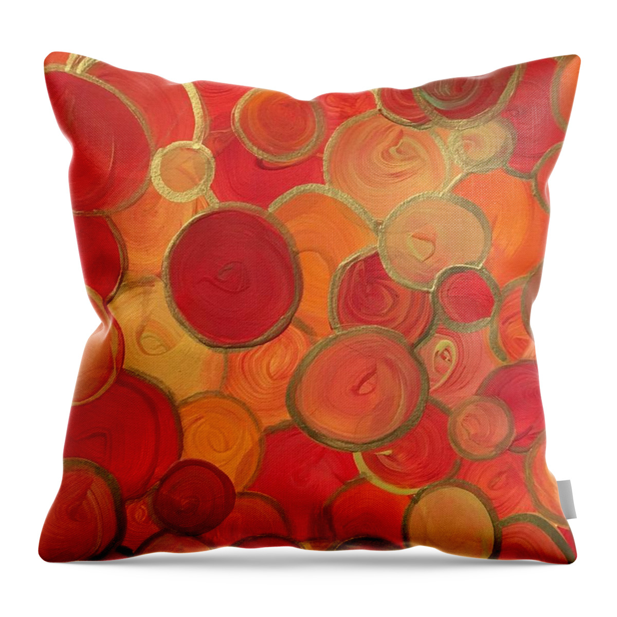 Abstract Throw Pillow featuring the painting Red and Gold Bubbles by Debora Sanders