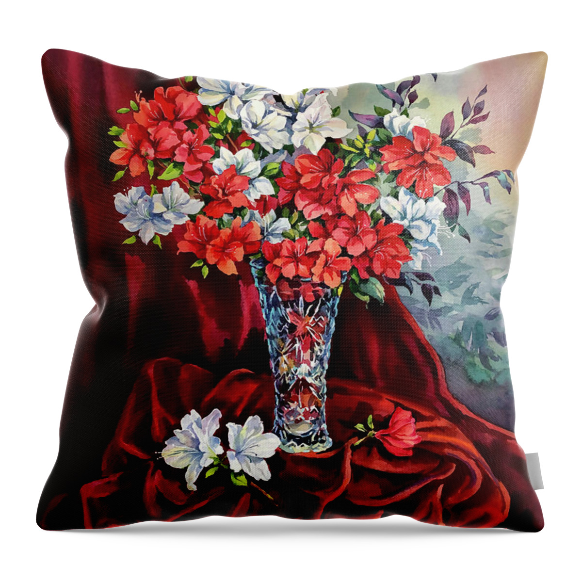 Still Life Throw Pillow featuring the painting Red and White Azaleas by Maria Rabinky