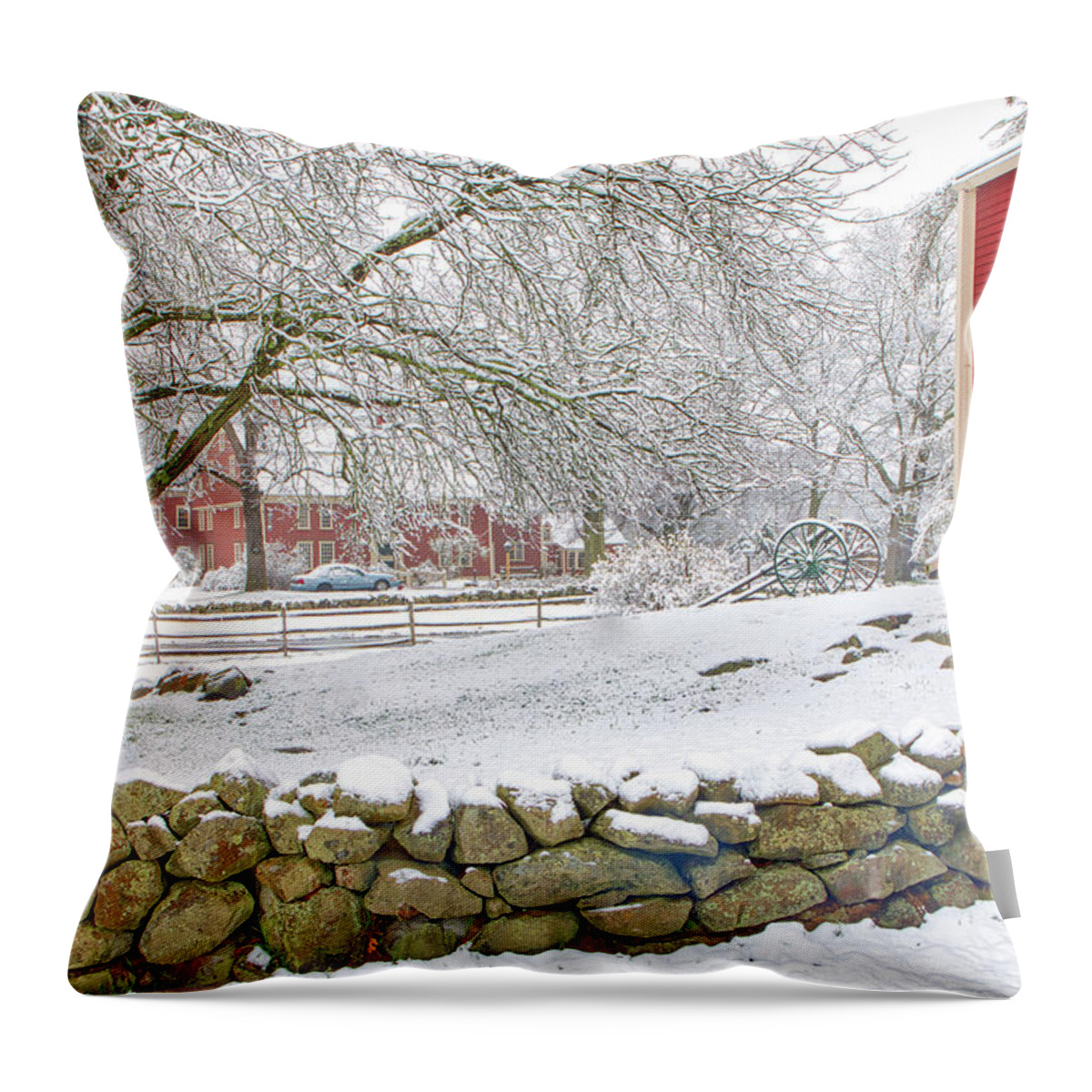 Snow Covered Throw Pillow featuring the photograph Red Barn at the Longfellows Wayside Inn by Juergen Roth