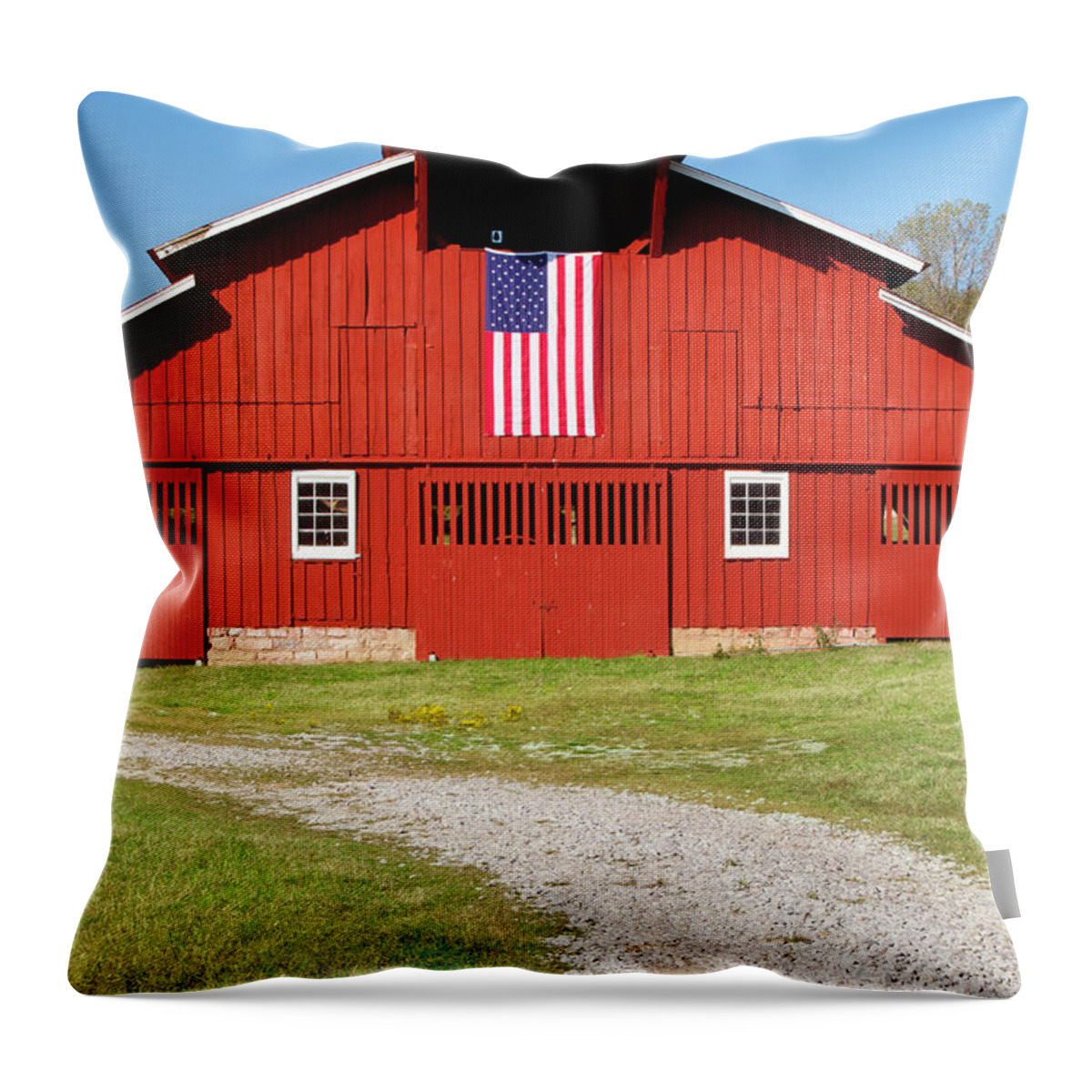 Red Barn Throw Pillow featuring the photograph Red Barn with American Flag - Tennessee III by Brian Jannsen