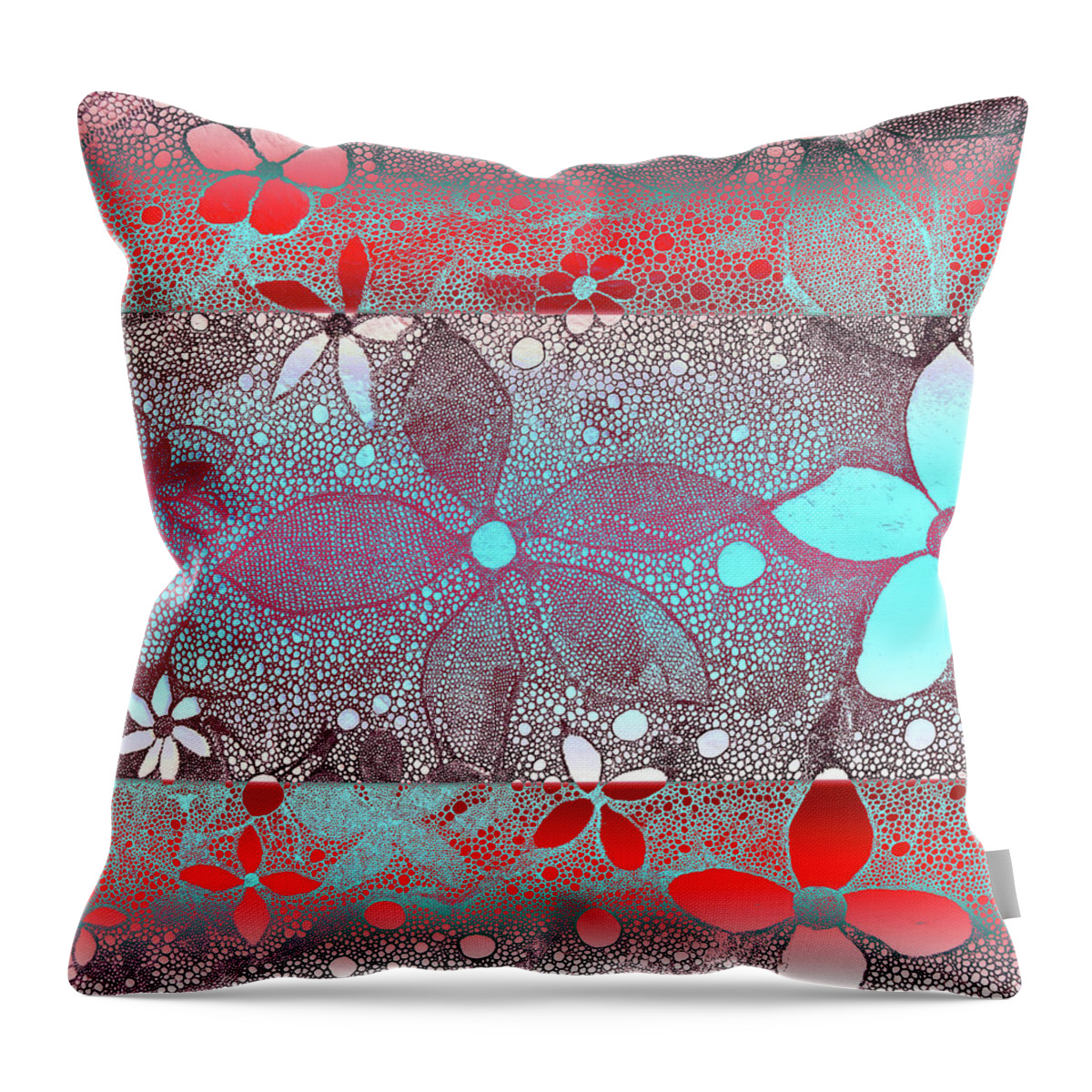 Red Throw Pillow featuring the mixed media Red Blue Flowers In Lace by Melinda Firestone-White