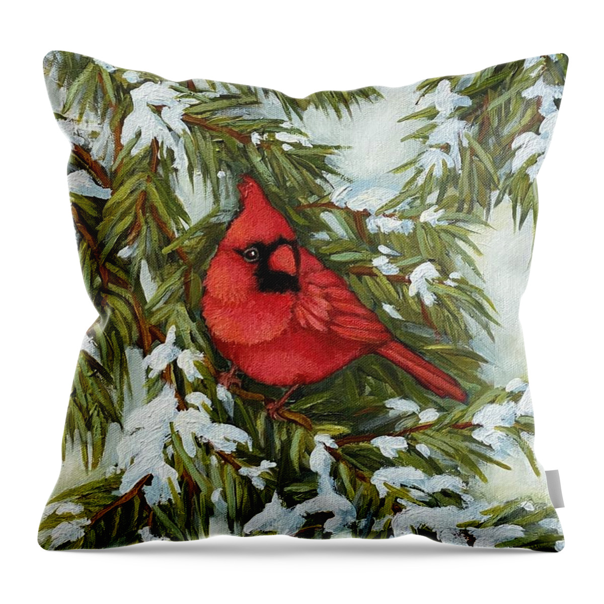 Cardinal Throw Pillow featuring the painting Red cardinal bird on winter spruce branch by Inese Poga