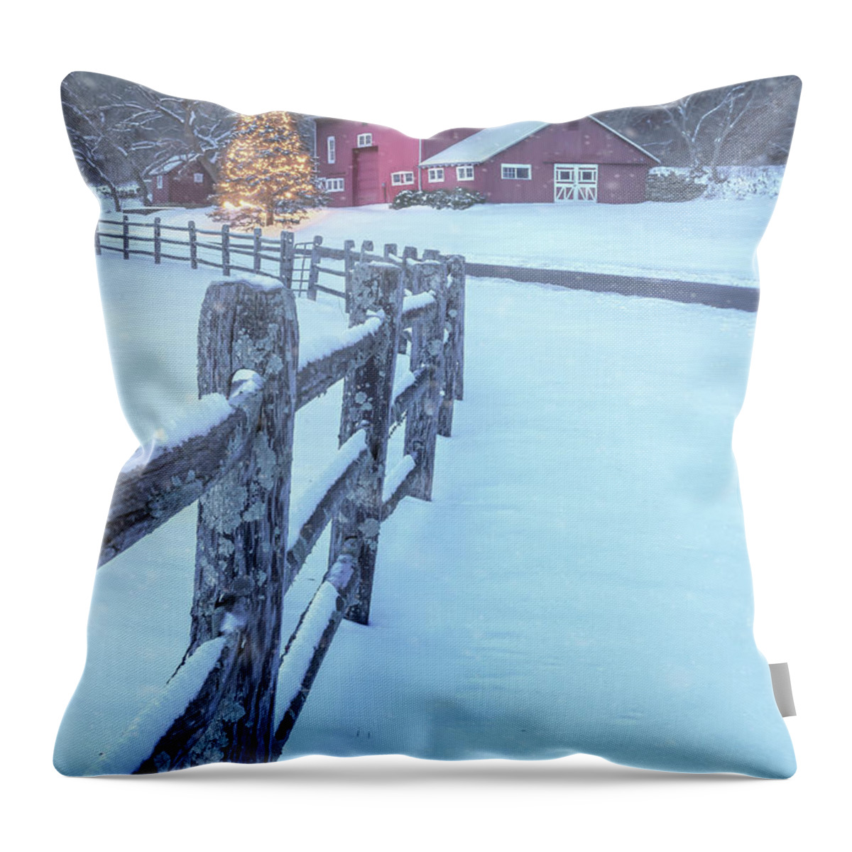 Red Throw Pillow featuring the photograph Red Christmas Barn - Kent Connecticut by Photos by Thom