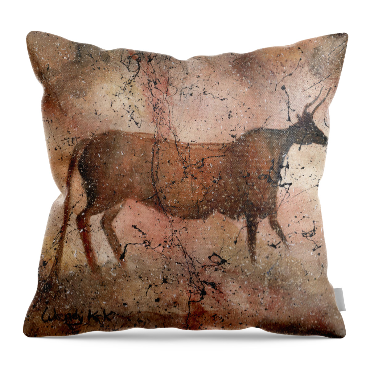 Cave Painting Throw Pillow featuring the painting Red Cow At Lascaux Cave by Wendy Keeney-Kennicutt
