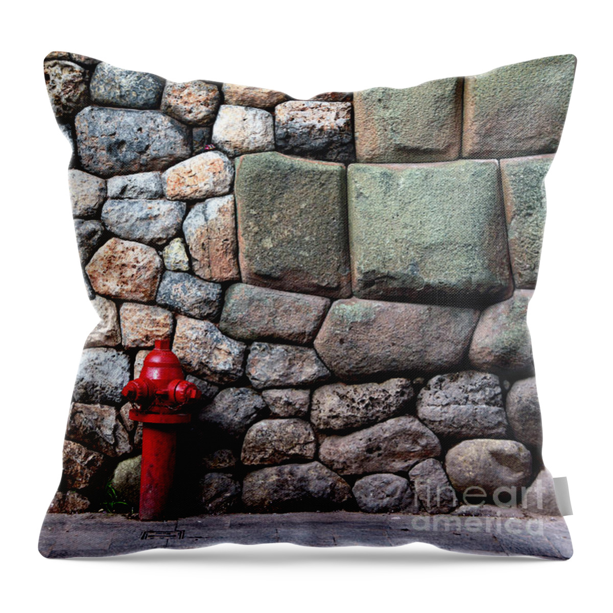 Fire Hydrant Throw Pillow featuring the photograph Red Fire Hydrant and Inca Wall Cusco Peru by James Brunker