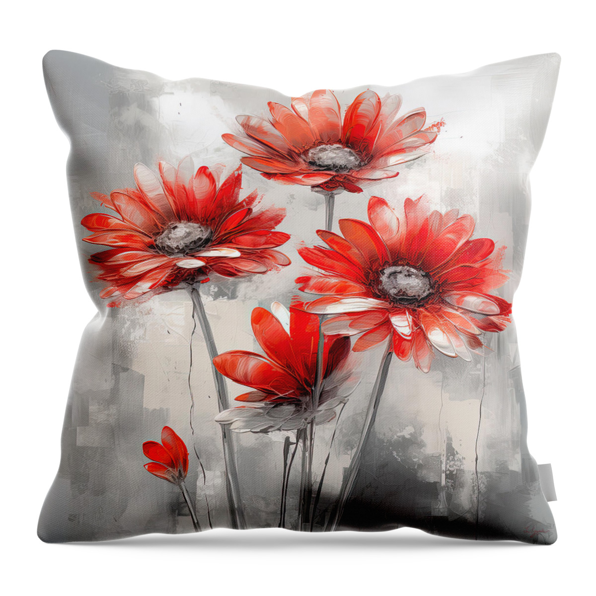 Red And Gray Art Throw Pillow featuring the digital art Red Flower Minimalist Art on Gray by Lourry Legarde