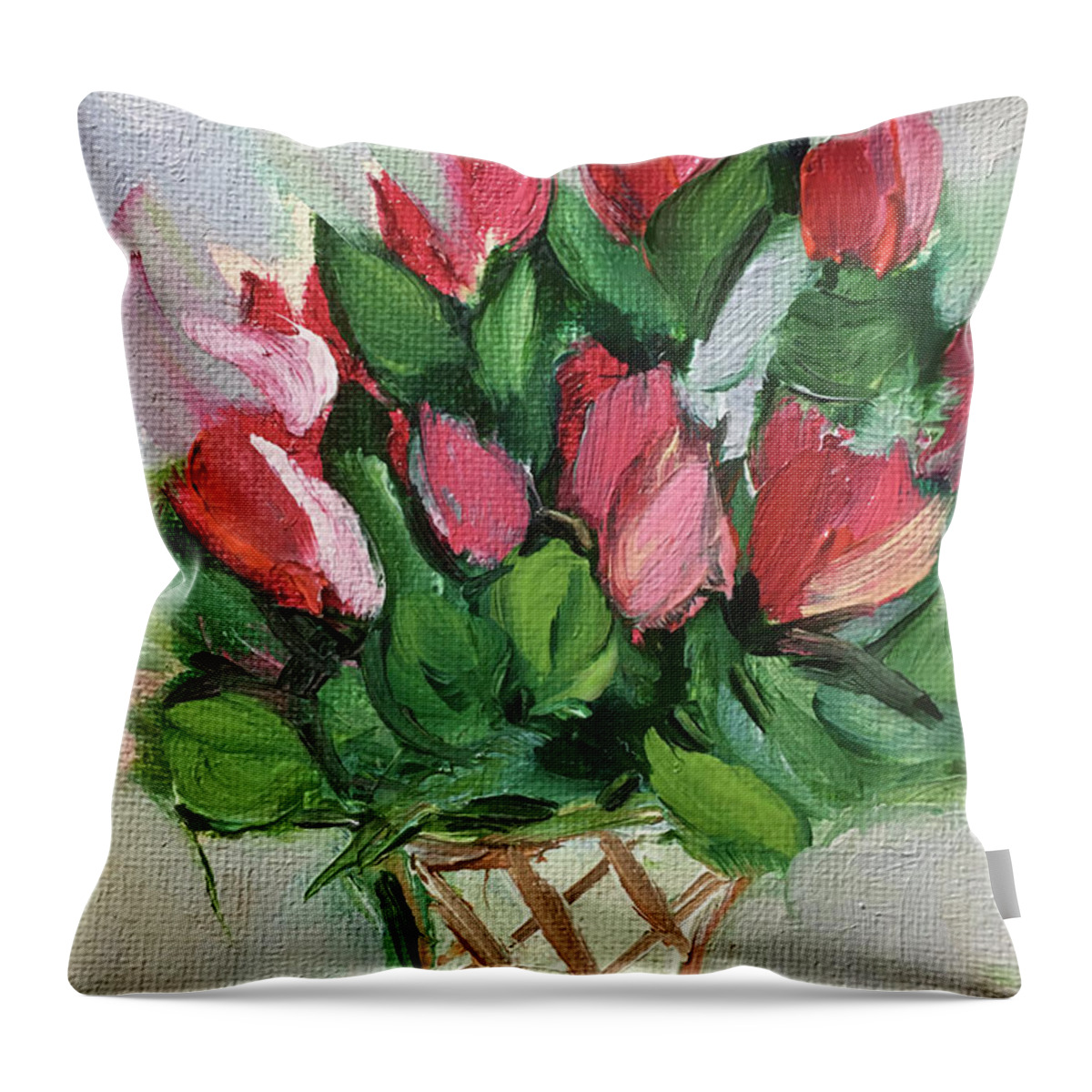 Flowers Throw Pillow featuring the painting Red Flowers in a White Basket by Roxy Rich