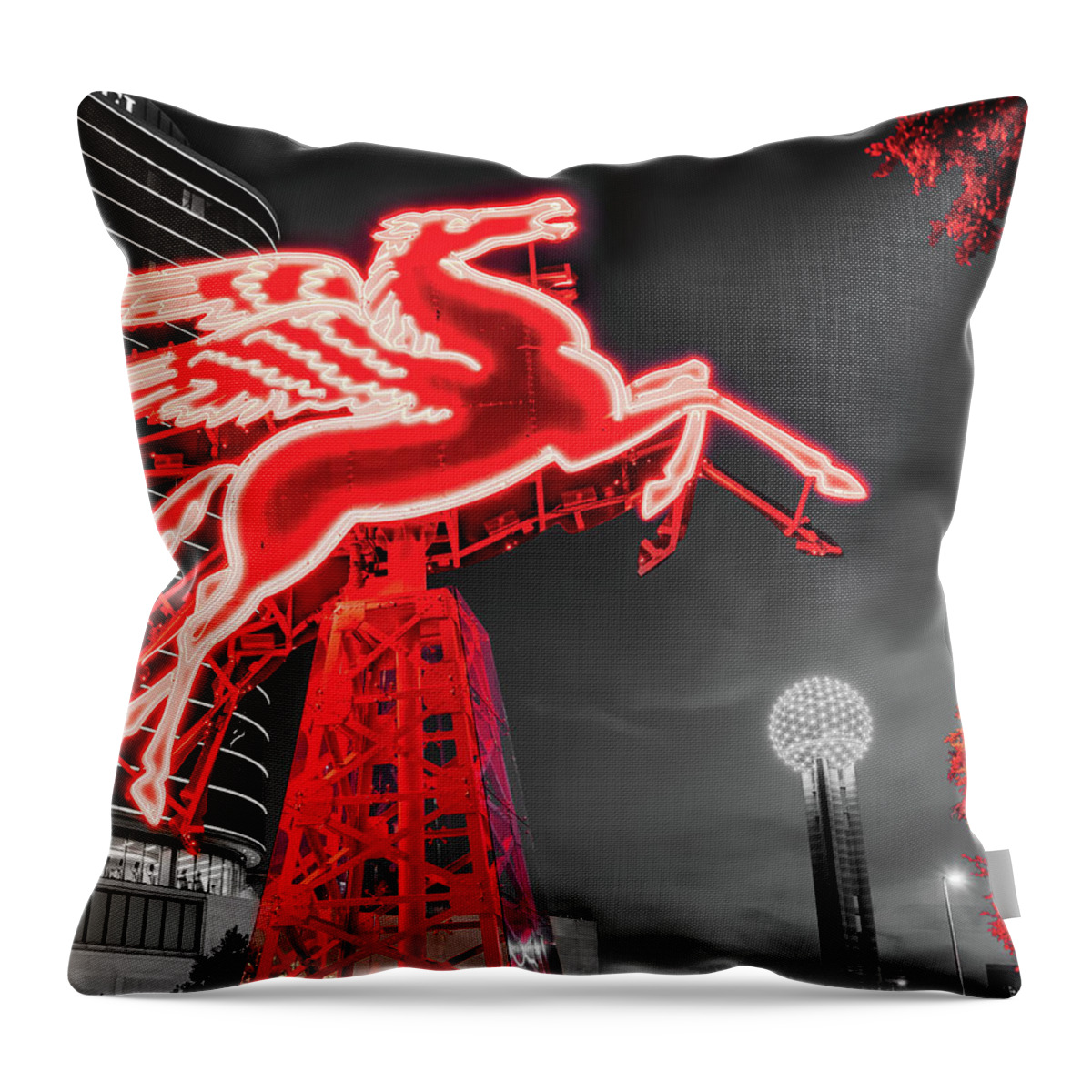 Dallas Pegasus Throw Pillow featuring the photograph Red Flying Pegasus and Reunion Tower in Dallas Texas by Gregory Ballos