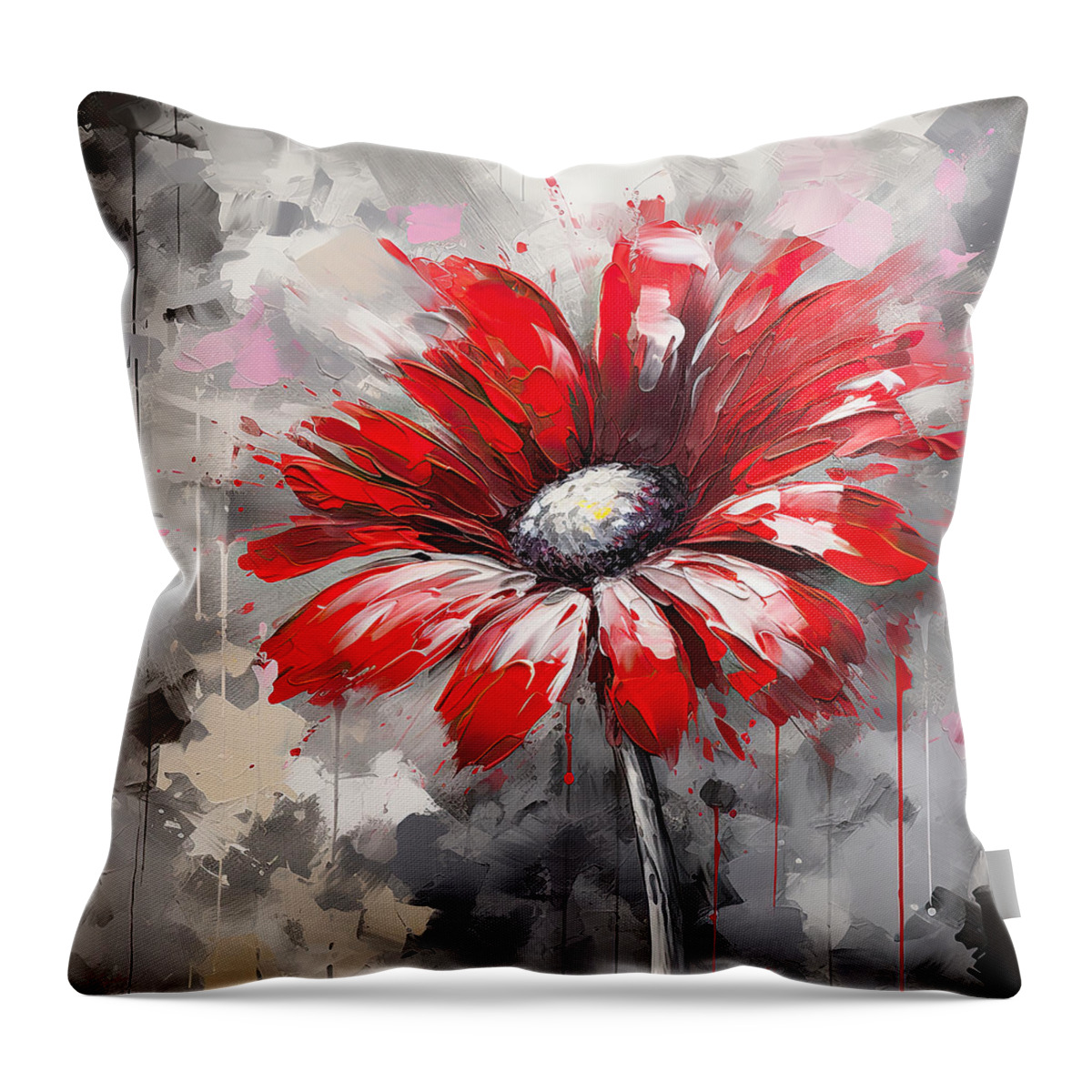 Red And Gray Art Throw Pillow featuring the digital art Red Gerbera Daisy in Impressionist Style - Red Art by Lourry Legarde