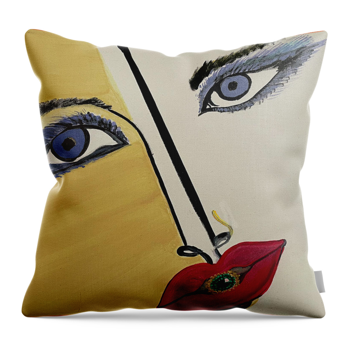 Red Throw Pillow featuring the painting Red Lips Plus Blue Eyes by Leslie Porter