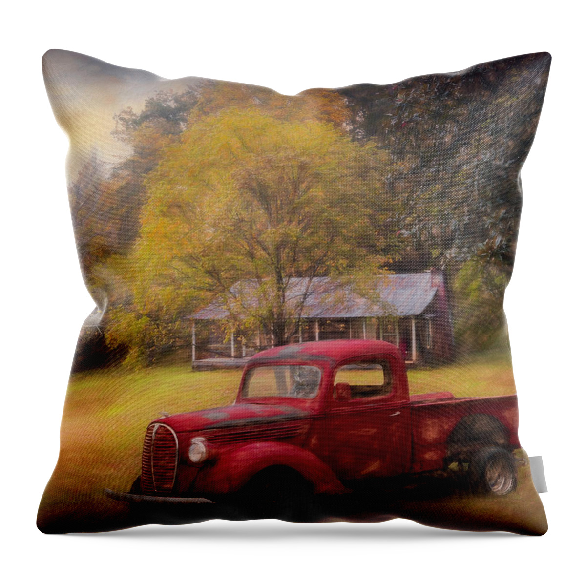 Truck Throw Pillow featuring the photograph Red Pickup Truck at the Farm Painting by Debra and Dave Vanderlaan