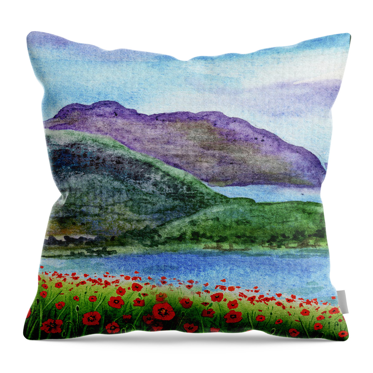 Poppies Throw Pillow featuring the painting Red Poppy Field Blue Lake And Mountains Watercolor by Irina Sztukowski