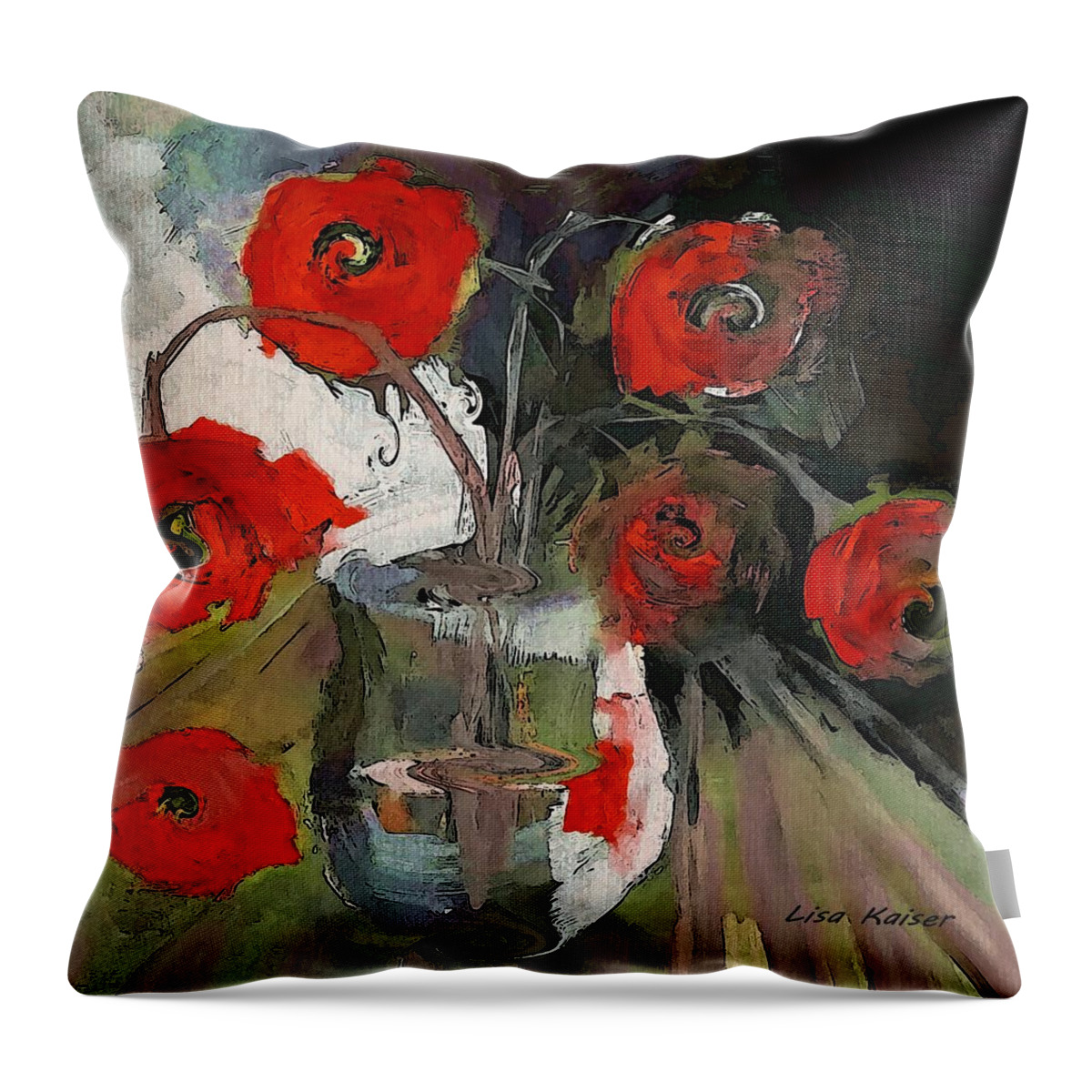 Red Throw Pillow featuring the painting Red Roses In A Vase by Lisa Kaiser