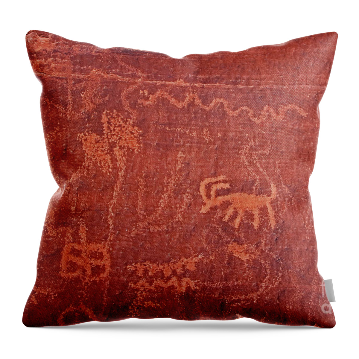 Valley Of Fire Throw Pillow featuring the photograph Red sandstone rock art petroglyphs by Pete Klinger