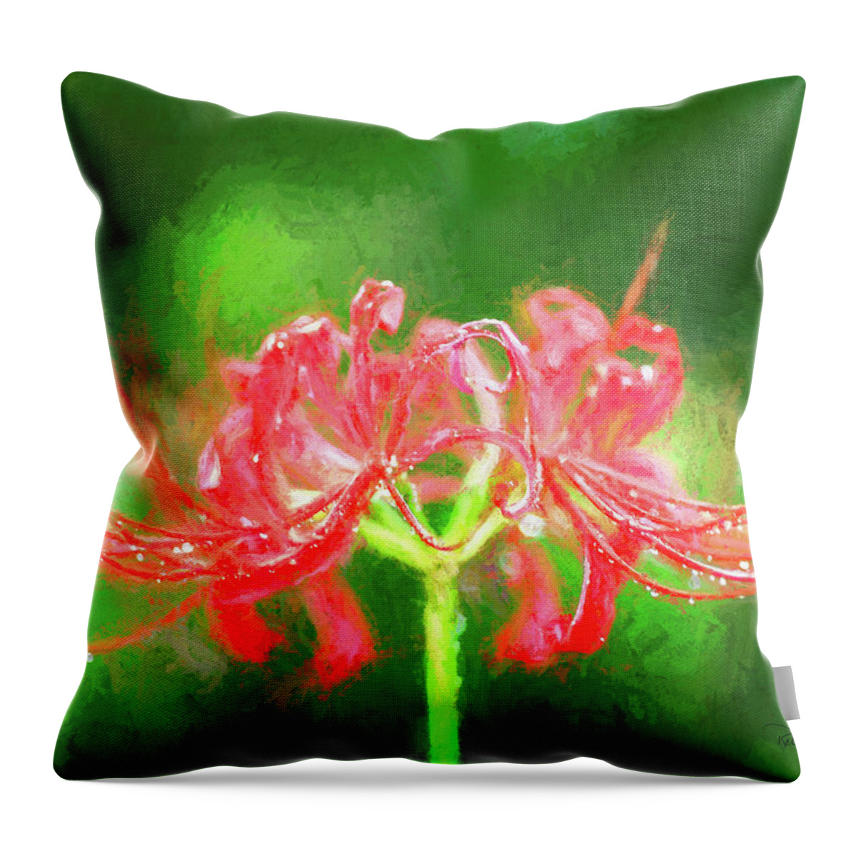 Red Spiderlily In Rain Throw Pillow featuring the photograph Red Spider Lily in Rain by Bellesouth Studio