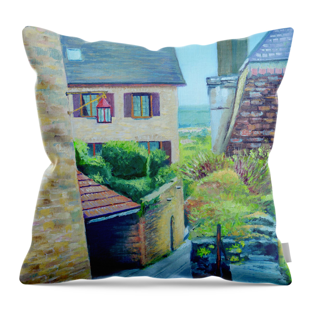 France Throw Pillow featuring the painting Red Street Lamp in Beynac et Cazenac, France by Dai Wynn