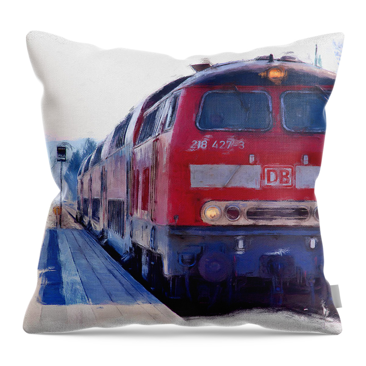 Red Train Throw Pillow featuring the digital art Red train Kressbronn Germany by Tatiana Travelways