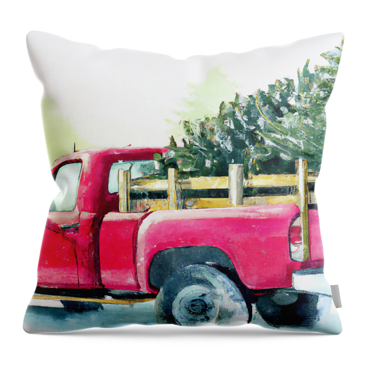 Red Truck Throw Pillow featuring the digital art Red Truck with Christmas Tree by Alison Frank