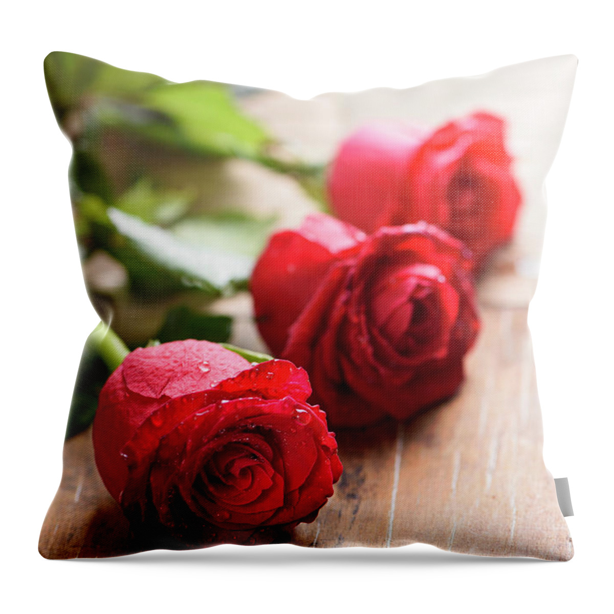 Roses Throw Pillow featuring the photograph Red valentines roses closeup by Jelena Jovanovic