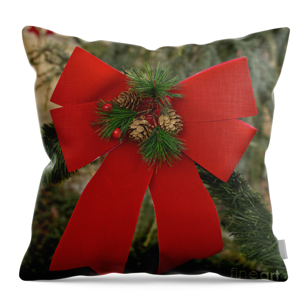 Red Velved Holiday Bow With Pinecones And Holiberries Throw Pillow featuring the photograph Red Velved Bow by Iris Richardson