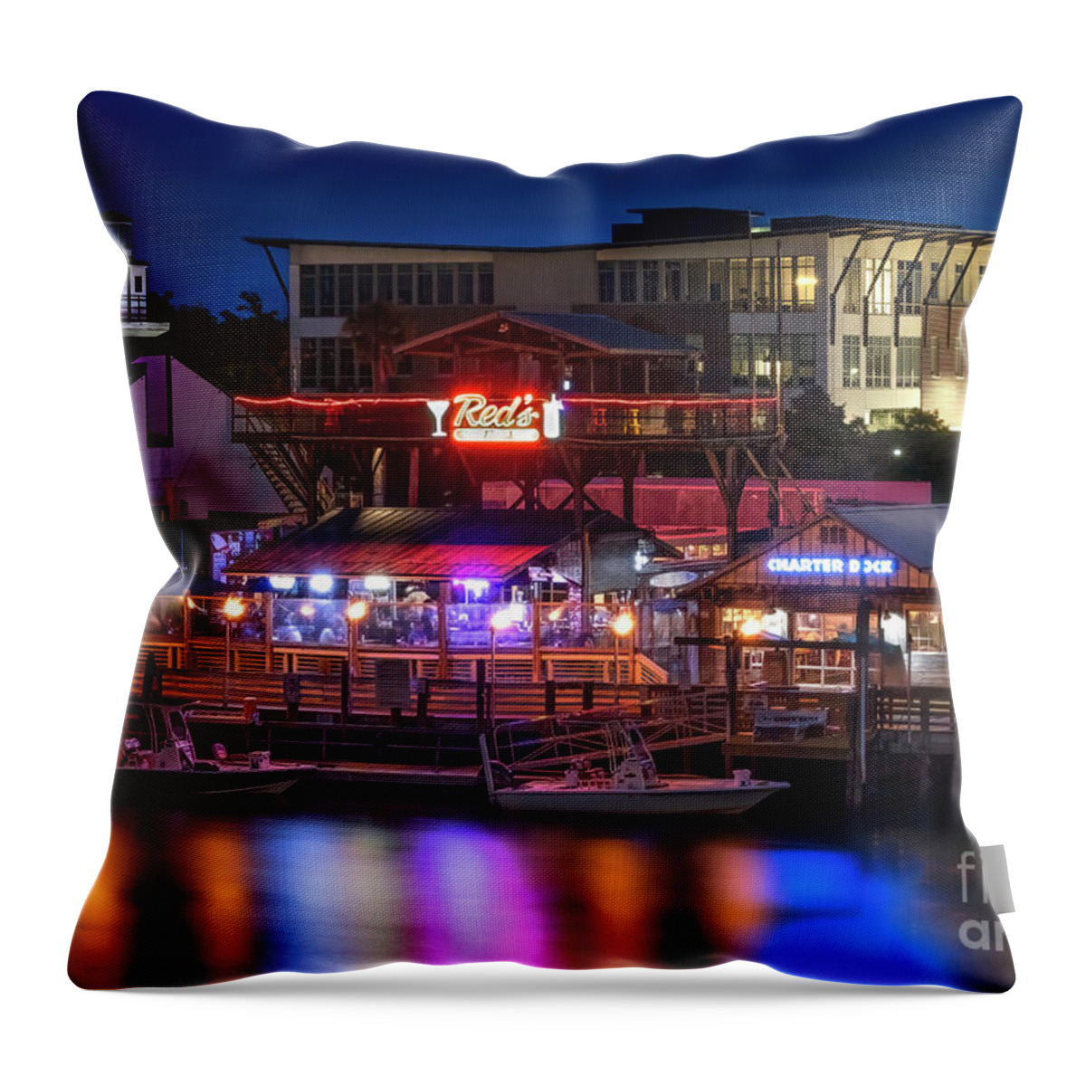 Reds Ice House Throw Pillow featuring the photograph Red's on Shem Creek by Shelia Hunt