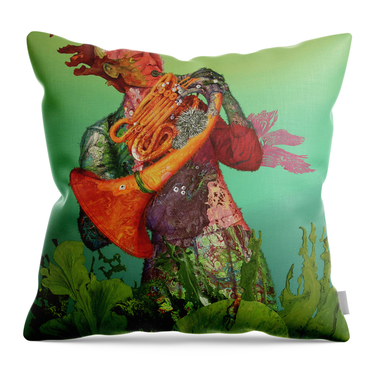 French Horn Throw Pillow featuring the painting Reef Music-French Horn by Marguerite Chadwick-Juner