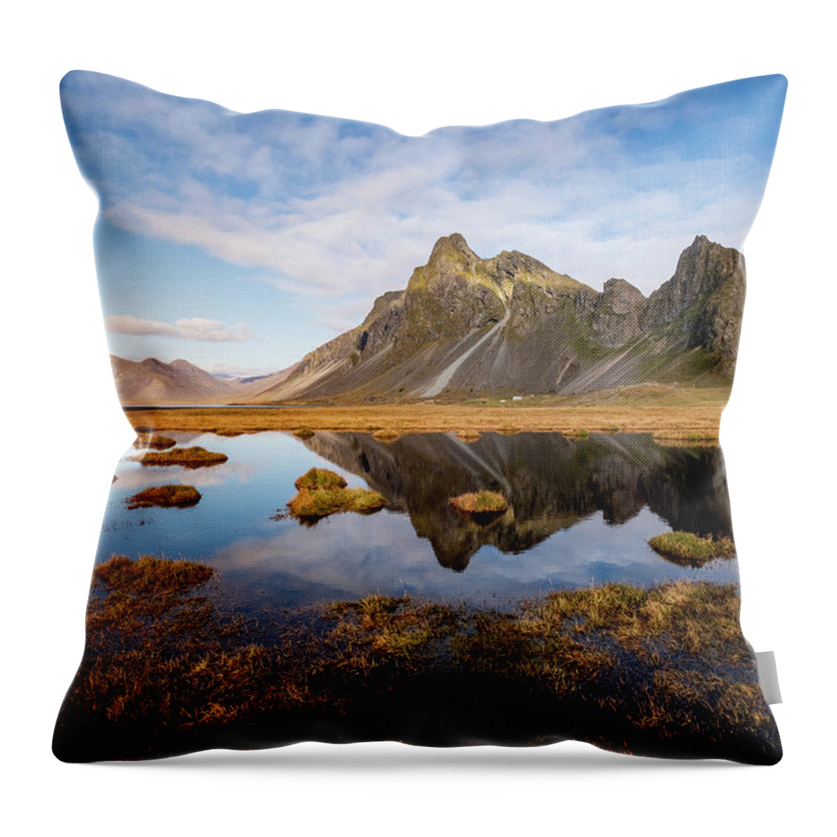 Eystrahorn Throw Pillow featuring the photograph Reflection of Eystrahorn mountain in Iceland by Alexios Ntounas