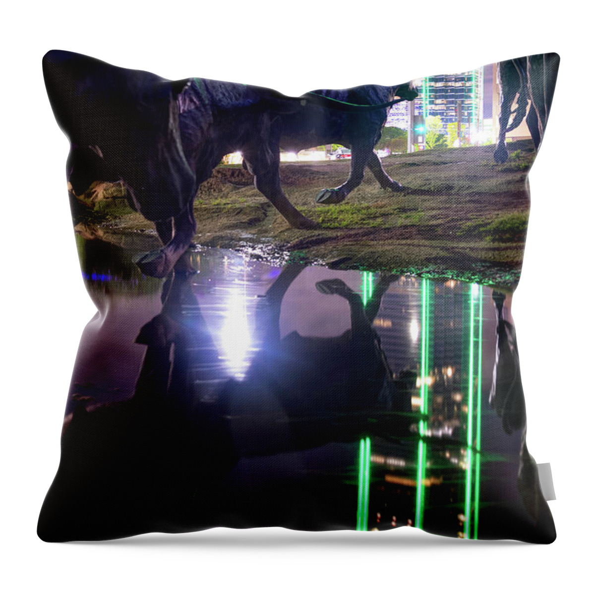 Dallas Skyline Art Throw Pillow featuring the photograph Reflections of the Cattle Driver - Dallas Texas Longhorns by Gregory Ballos