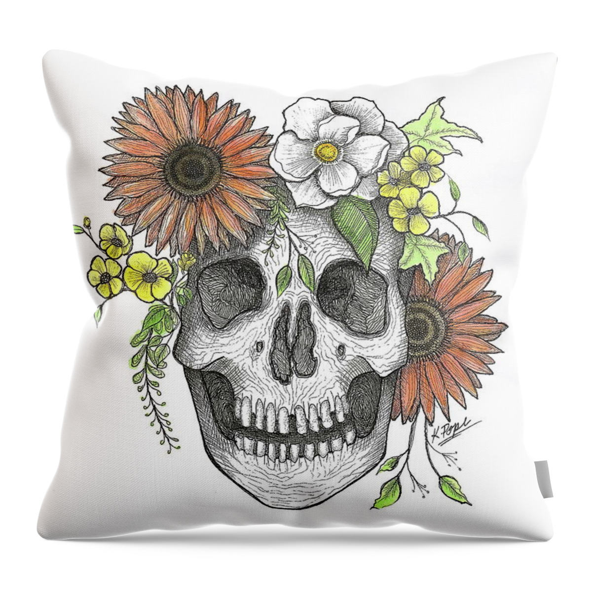 Skull Throw Pillow featuring the painting Regal Blossoms Crowned Skull FALL COLORS by Kathy Pope