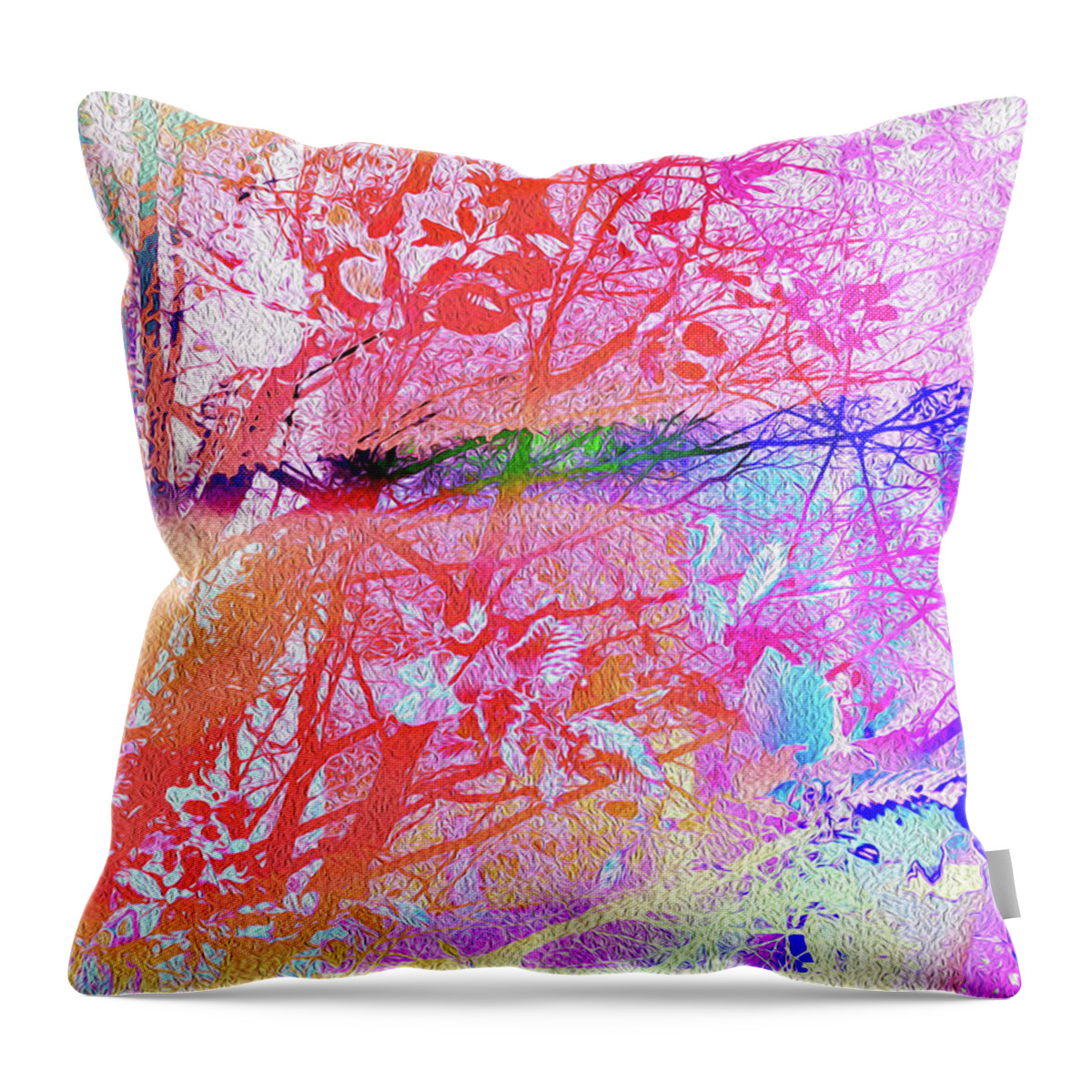 Botanical Throw Pillow featuring the mixed media Remixed Under The Trees Colorful Abstract Landscape by Itsonlythemoon