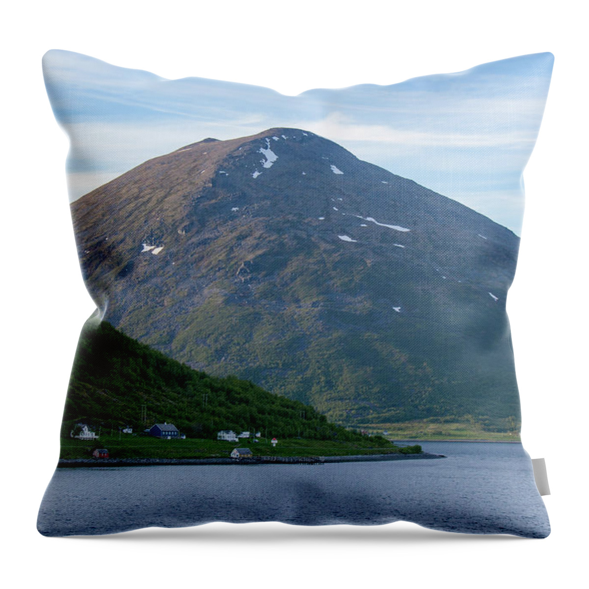 Blue Sky Throw Pillow featuring the photograph Remote Houses on a Norwegian Fjord by Matthew DeGrushe