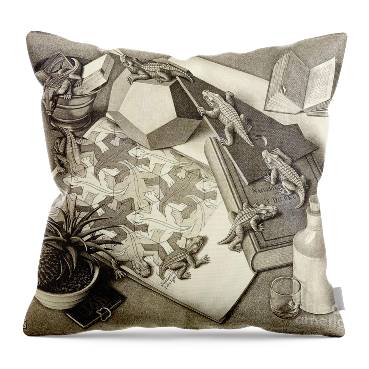 Crocodiles Throw Pillow featuring the drawing Reptiles by MC Escher