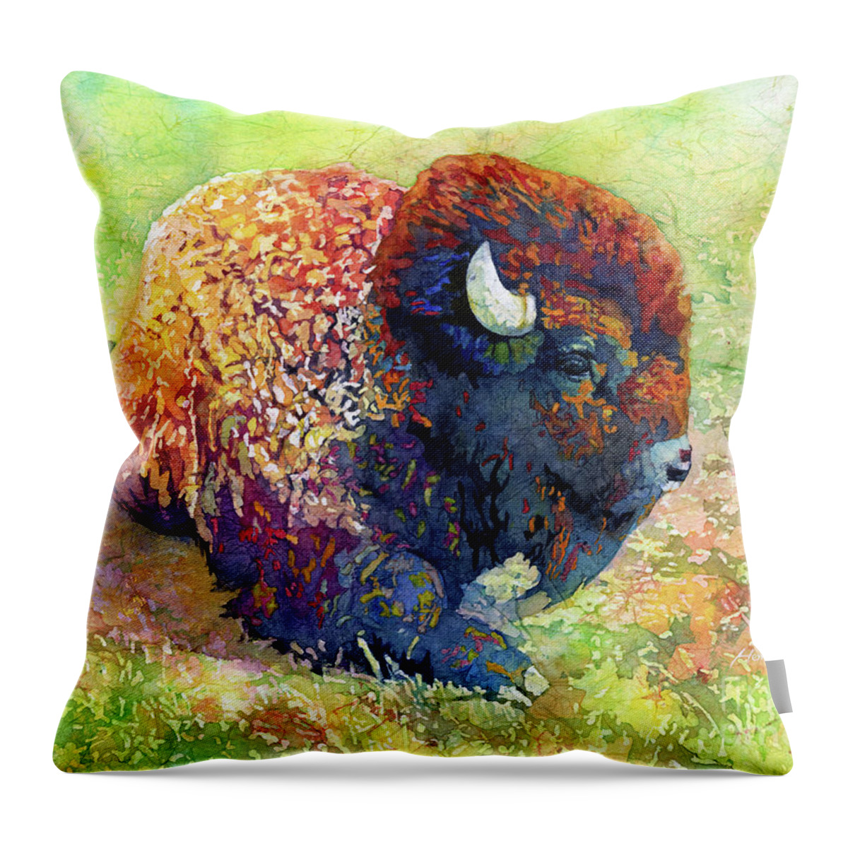 Bison Throw Pillow featuring the painting Resting Bison-pastel colors by Hailey E Herrera