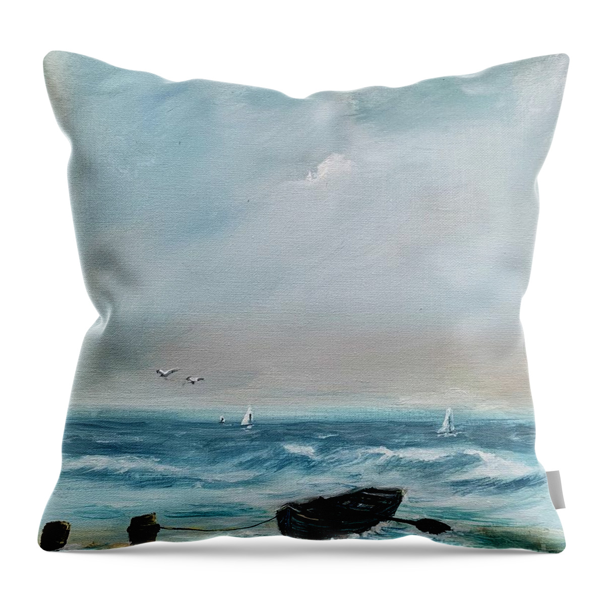 Resting Boat Lonely Boat Rest Wooden Boat Oar Moor Wave Ocean Seascape Blue Acrylic Painting Miroslaw Chelchowski Print Seagull Sailing Clouds Sky Ocean Shore Sand Throw Pillow featuring the painting Resting Boat by Miroslaw Chelchowski