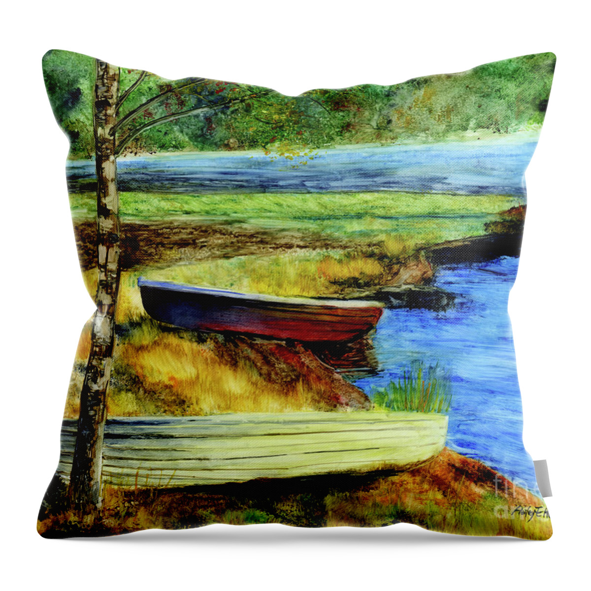 Boats Throw Pillow featuring the painting Resting Boats by Hailey E Herrera
