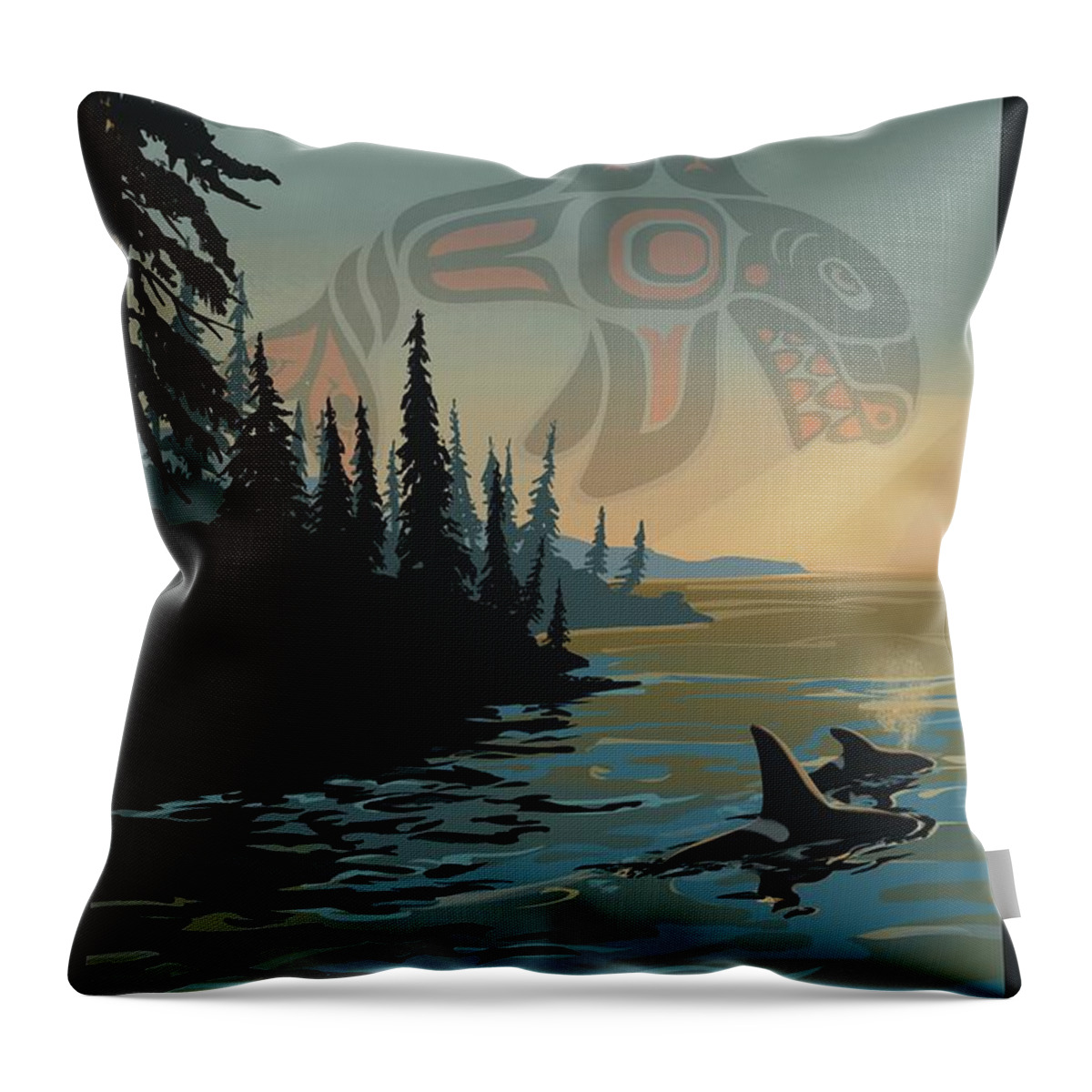 Travel Poster Throw Pillow featuring the painting Retro Killer Whale BC Travel Poster by Sassan Filsoof