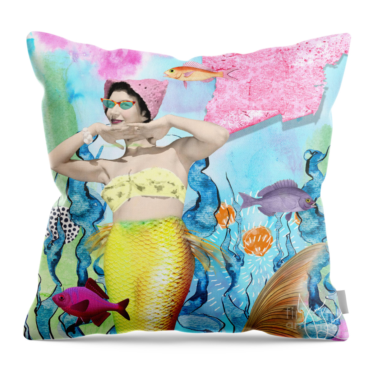 Digital Collage Throw Pillow featuring the digital art Retro Mermaid by Janice Leagra