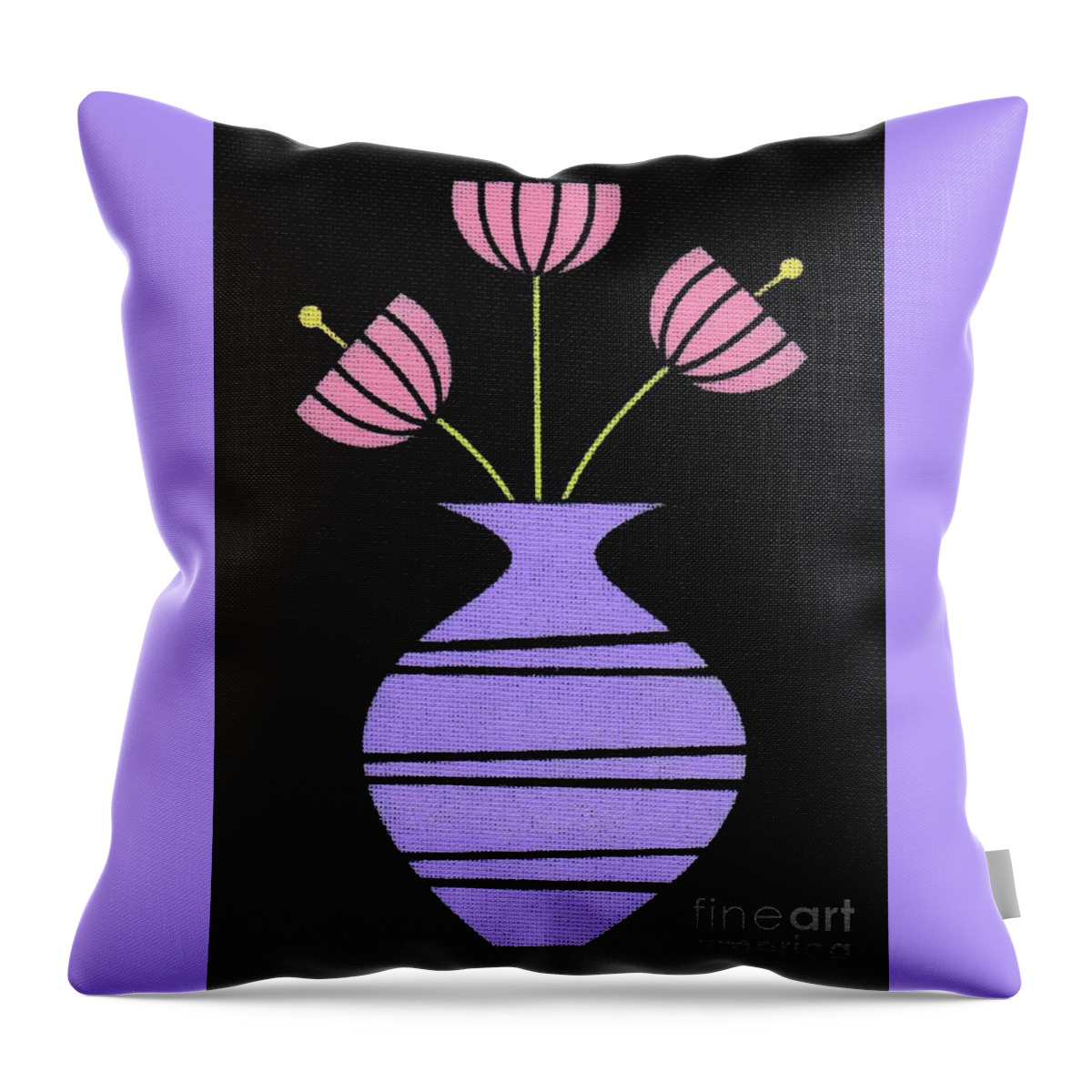 Retro Flowers Throw Pillow featuring the painting Retro Pink Flowers in Purple Vase by Donna Mibus