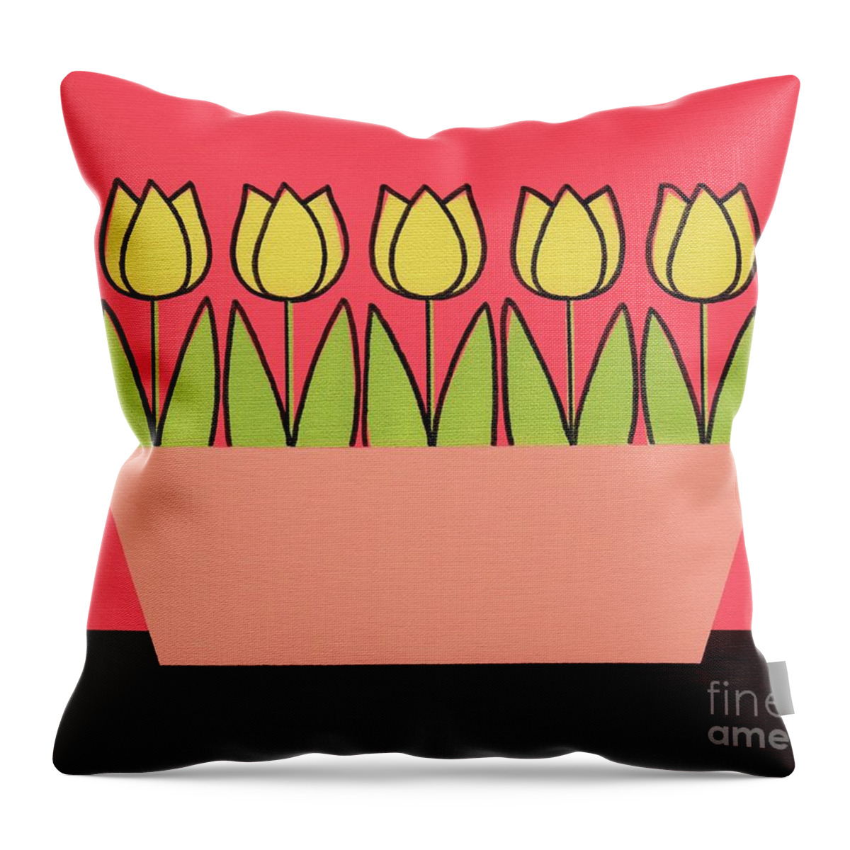 Mid Century Yellow Tulips Throw Pillow featuring the painting Retro Tabletop Flowers Tulips by Donna Mibus