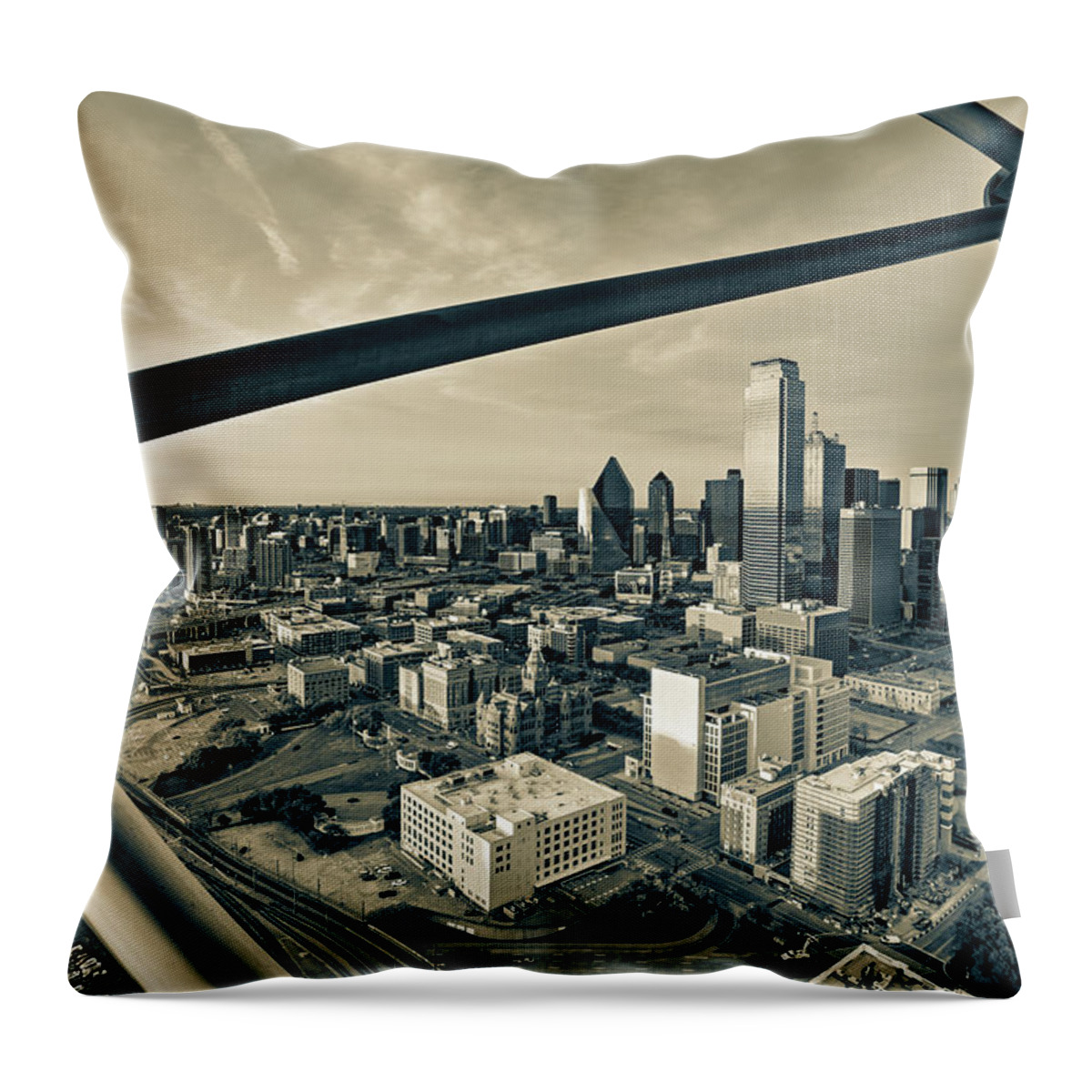 Dallas Skyline Throw Pillow featuring the photograph Reunion Tower View of Dallas - Sepia Edition by Gregory Ballos