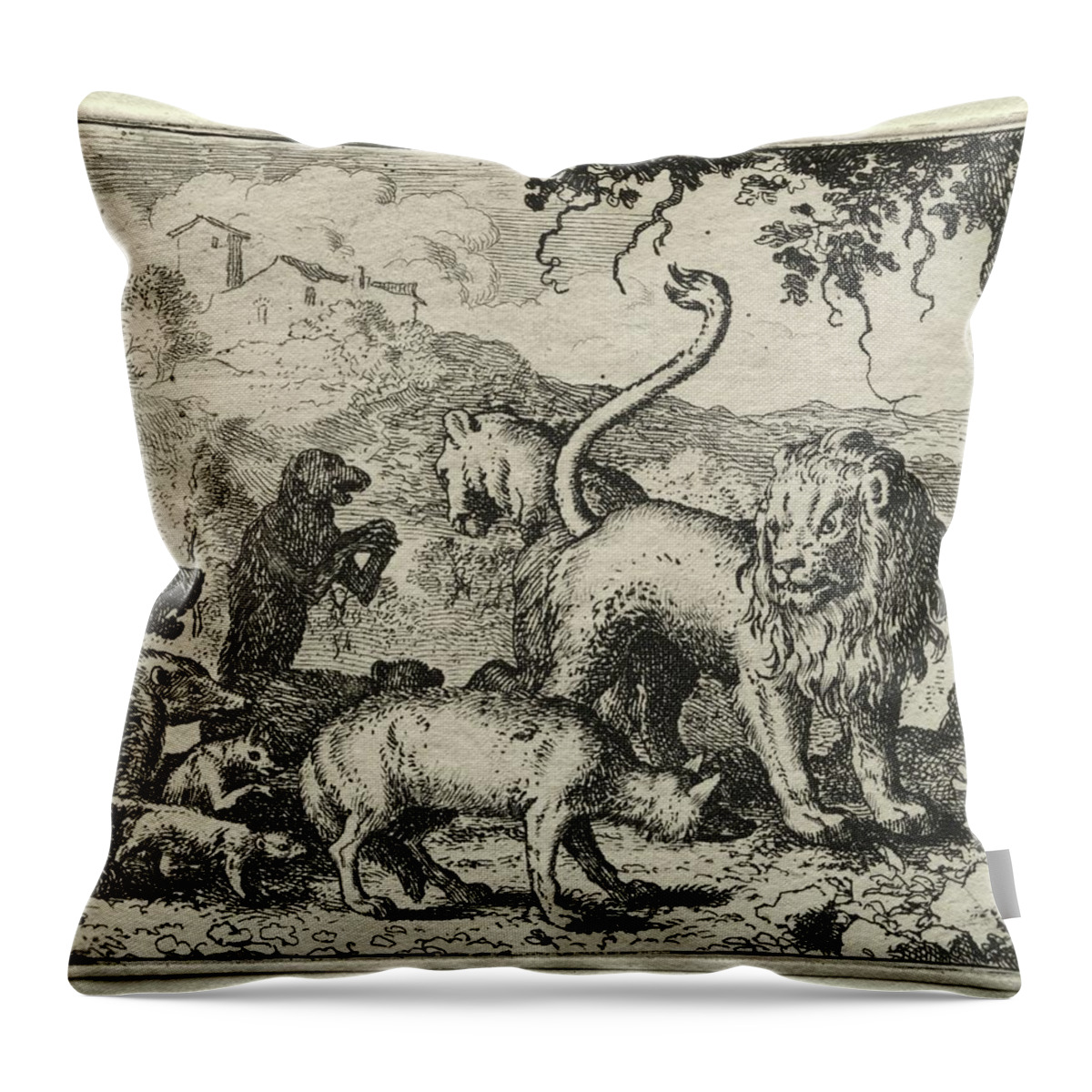 White Throw Pillow featuring the painting Reynard the Fox First Complaint of the Wolf 1650 75 Allart van Everdingen by MotionAge Designs