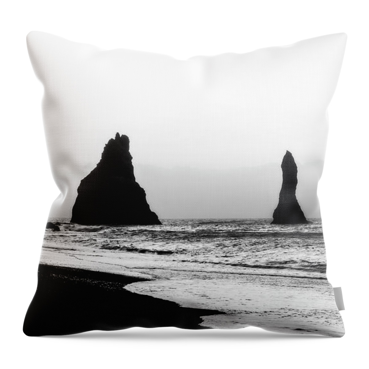Iceland Throw Pillow featuring the photograph Reynisfjara Beach Iceland Black and White by Catherine Reading
