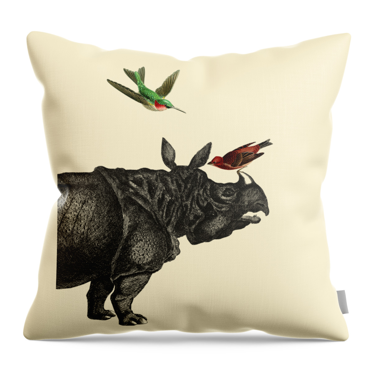 Rhino Throw Pillow featuring the digital art Rhinoceros with birds art print by Madame Memento