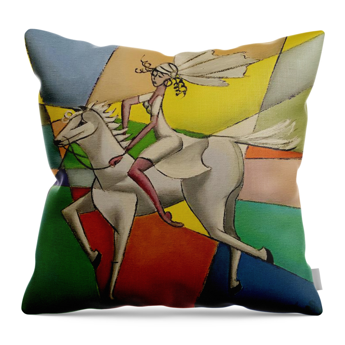 Rider Throw Pillow featuring the painting White Rider by Lana Sylber