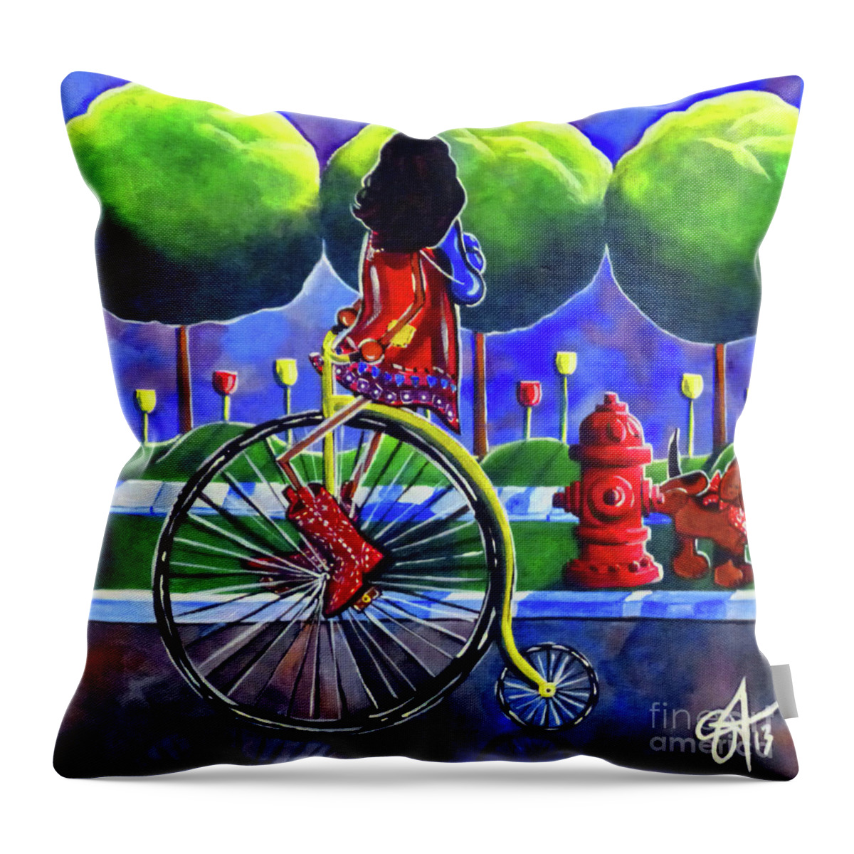 Bike Throw Pillow featuring the painting Riding Grandmas Bike Dog Antique Flowers Trees Jackie Carpenter by Jackie Carpenter