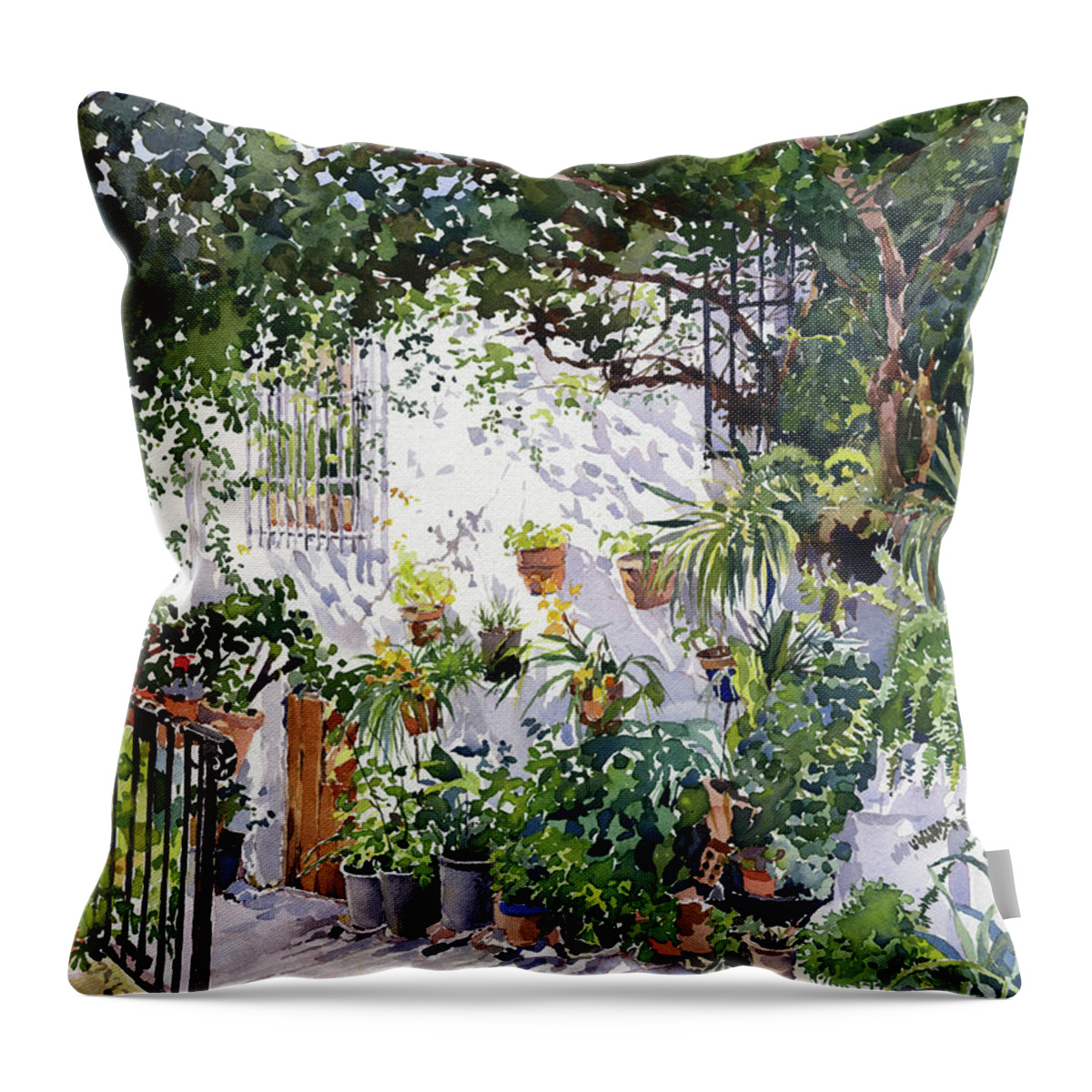 Watercolour Throw Pillow featuring the painting Rincon De Flores by Margaret Merry