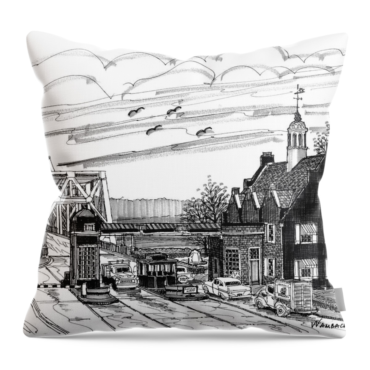 Hudson River Bridges Throw Pillow featuring the drawing Rip Van Winkle Bridge Catskill NY by Richard Wambach
