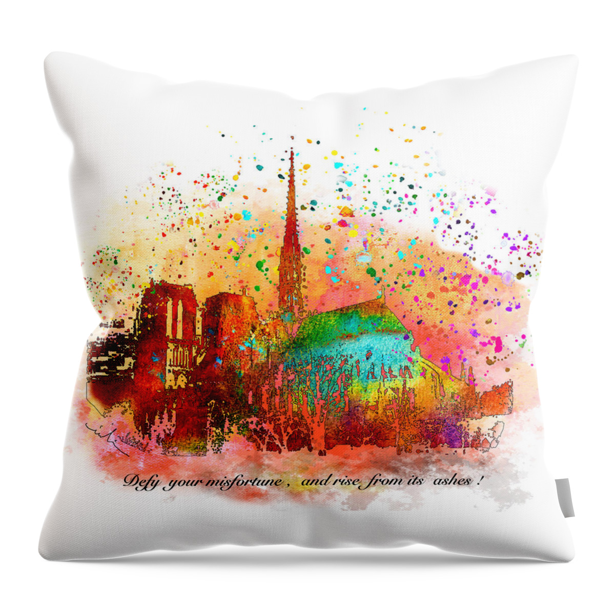 Notre Dame Throw Pillow featuring the painting Rise From Its Ashes by Miki De Goodaboom